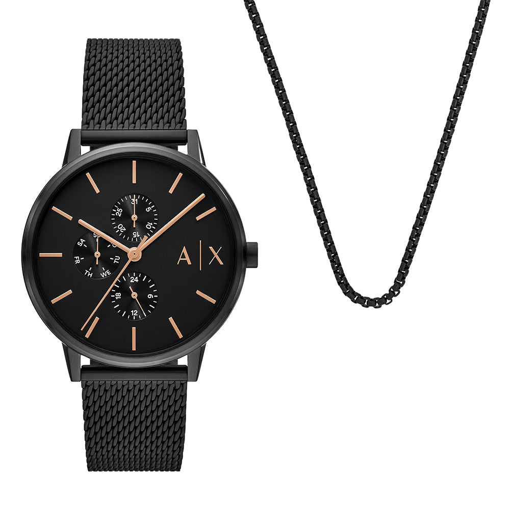 Armani Exchange Multifunction Black Stainless Steel Watch and Necklace Set
