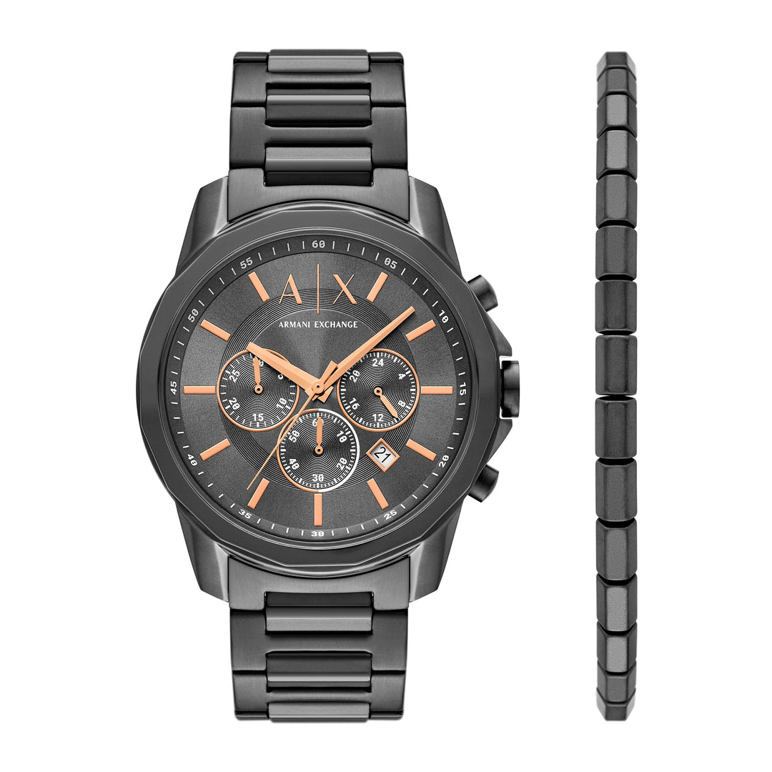 Armani Exchange Men's Chronograph Gunmetal Stainless Steel Watch and Bracelet Gift Set