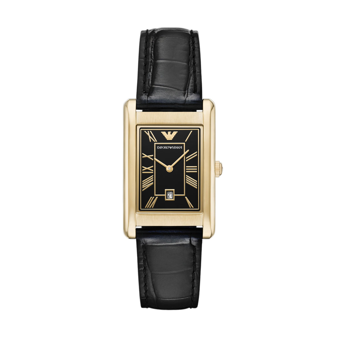 Emporio Armani Two-Hand Date Black Leather Watch