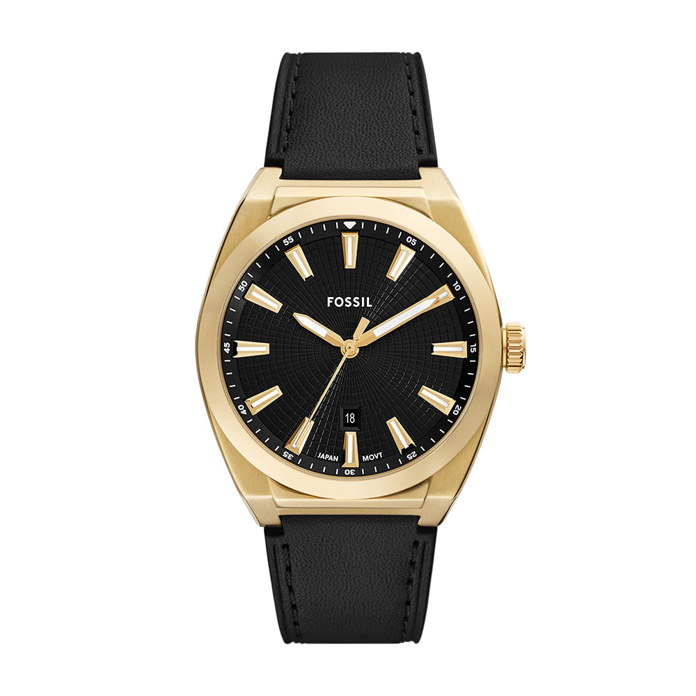 Fossil Everett Three-Hand Date Black Leather Watch