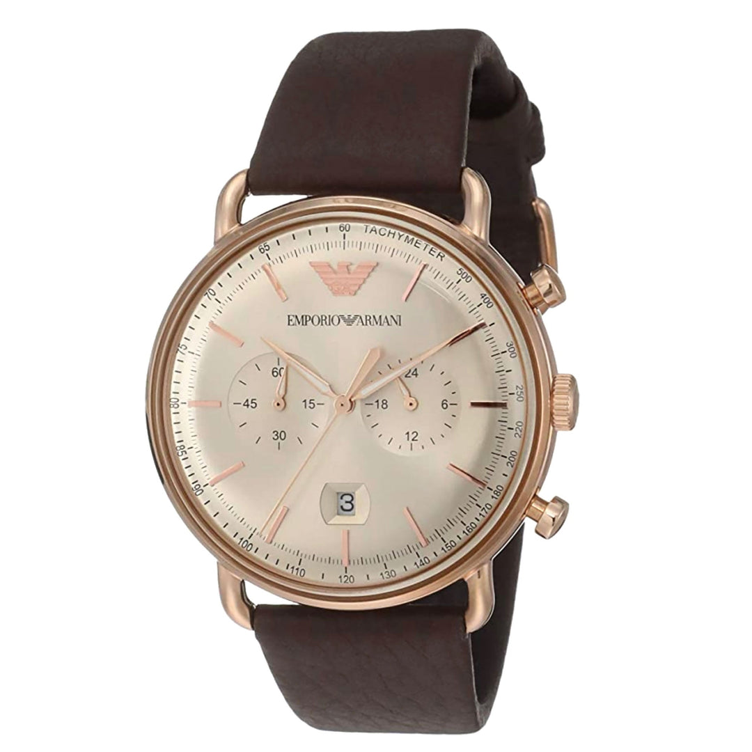 Emporio Armani Aviator Chronograph Brown Dial Rose Gold-Tone Leather Men&