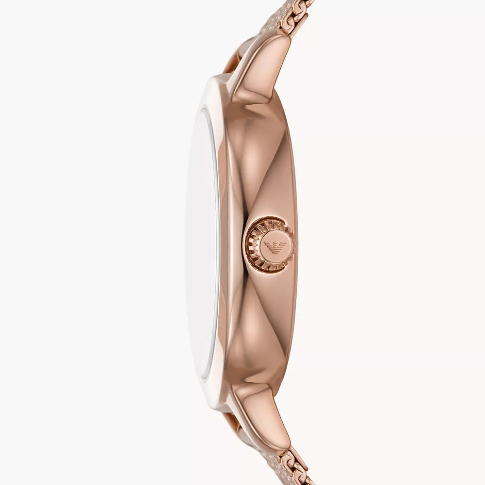 EMPORIO ARMANI THREE-HAND ROSE GOLD-TONE STAINLESS STEEL MESH WATCH