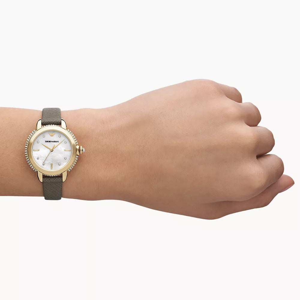EMPORIO ARMANI THREE-HAND TAUPE LEATHER WATCH