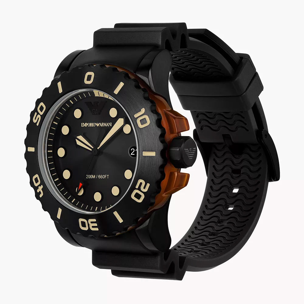 EMPORIO ARMANI THREE-HAND DATE BLACK POLYURETHANE WATCH