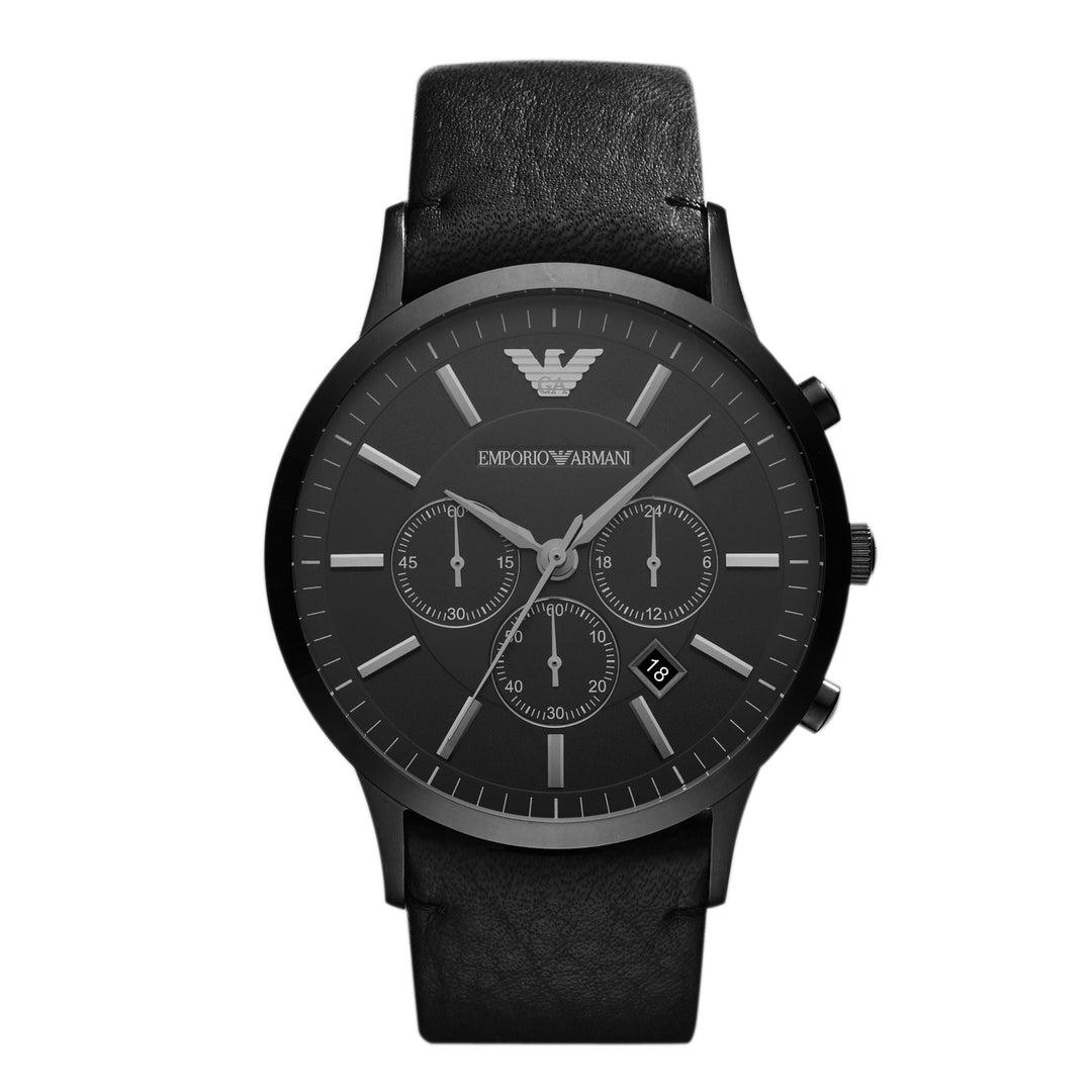 Emporio Armani Sportivo Chronograph Black Dial Black Leather Men&