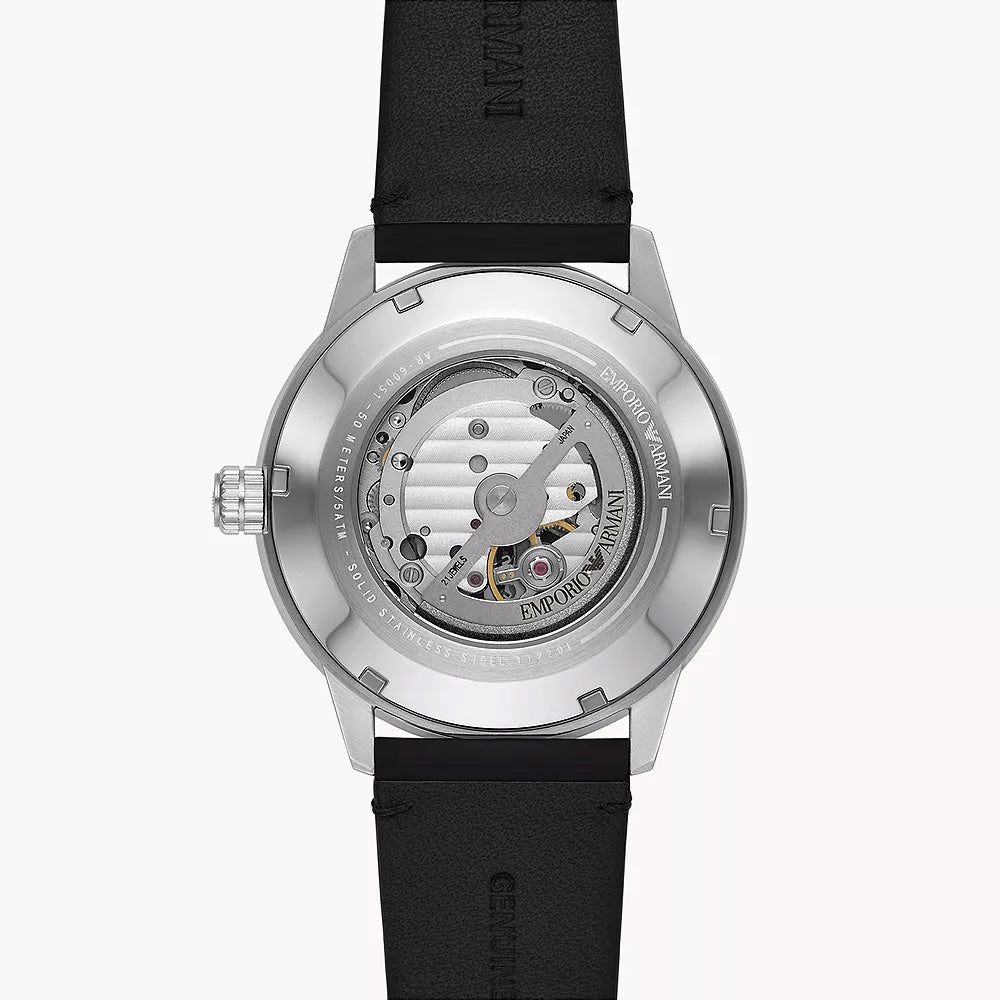 EMPORIO ARMANI AUTOMATIC BLACK LEATHER WATCH