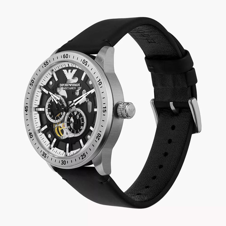 EMPORIO ARMANI AUTOMATIC BLACK LEATHER WATCH