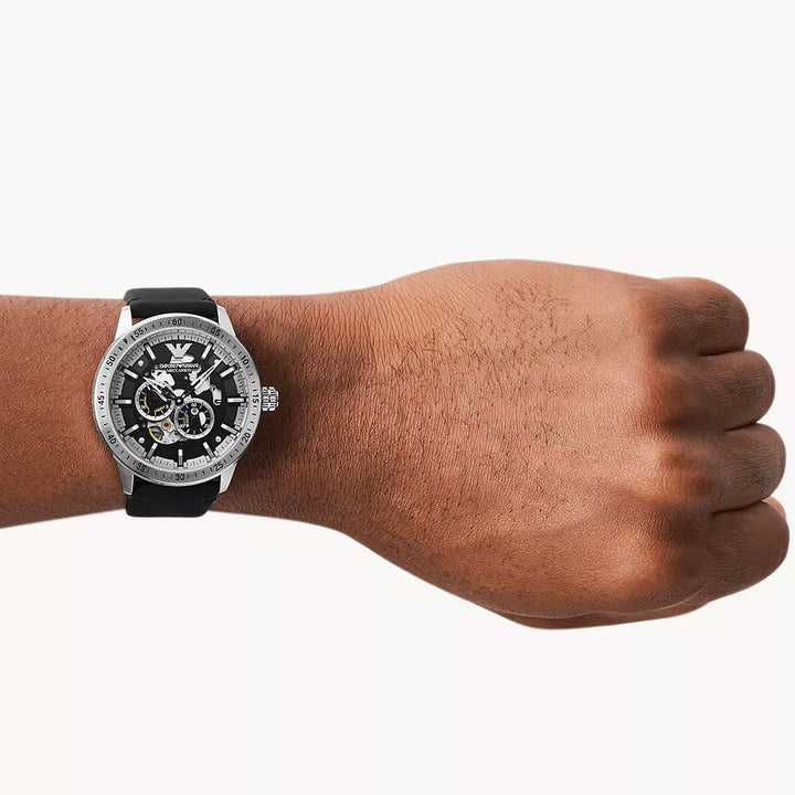 EMPORIO ARMANI AUTOMATIC BLACK LEATHER WATCH