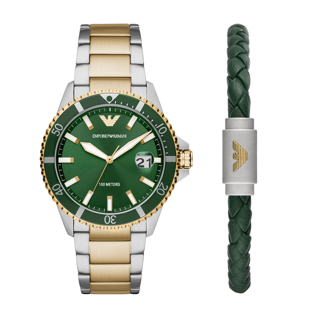 EMPORIO ARMANI THREE-HAND DATE TWO-TONE STAINLESS STEEL WATCH AND BRACELET SET