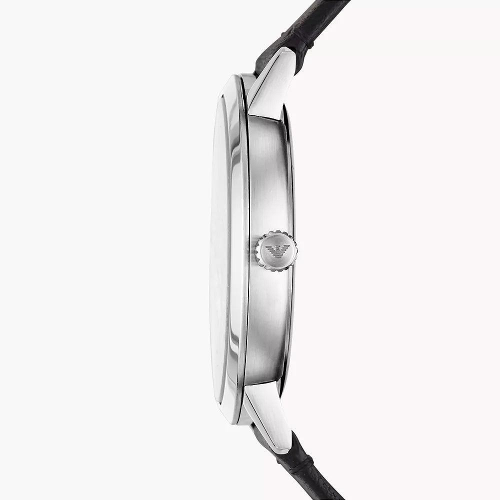EMPORIO ARMANI THREE-HAND DATE BLACK LEATHER WATCH AND BRACELET SET