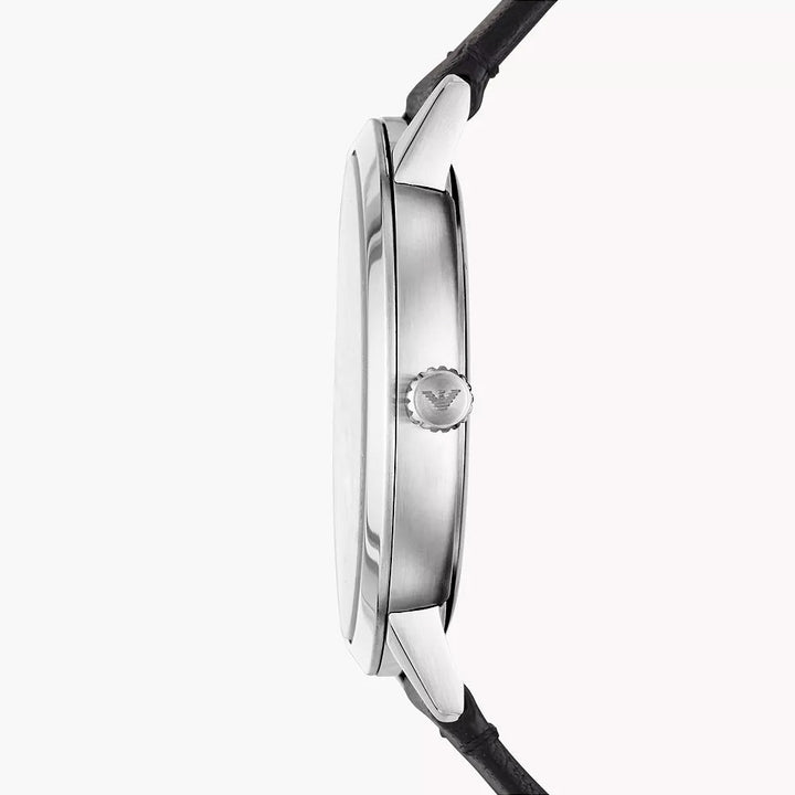 EMPORIO ARMANI THREE-HAND DATE BLACK LEATHER WATCH AND BRACELET SET