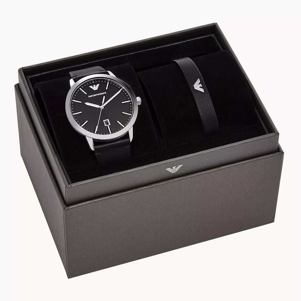 EMPORIO ARMANI THREE-HAND DATE BLACK LEATHER WATCH AND BRACELET SET