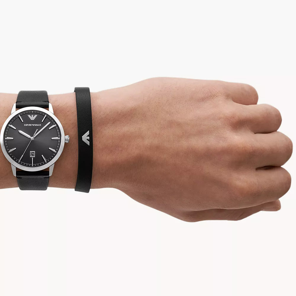 EMPORIO ARMANI THREE-HAND DATE BLACK LEATHER WATCH AND BRACELET SET