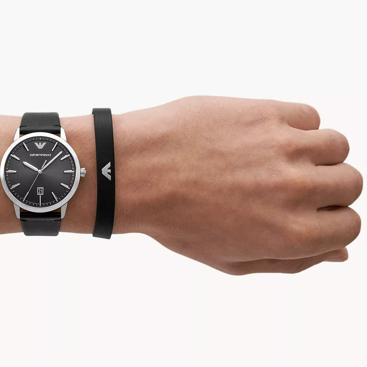 EMPORIO ARMANI THREE-HAND DATE BLACK LEATHER WATCH AND BRACELET SET