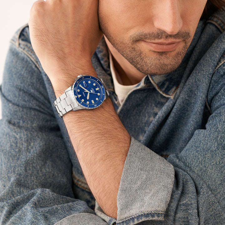 Fossil Blue Three-Hand Date Stainless Steel Men&