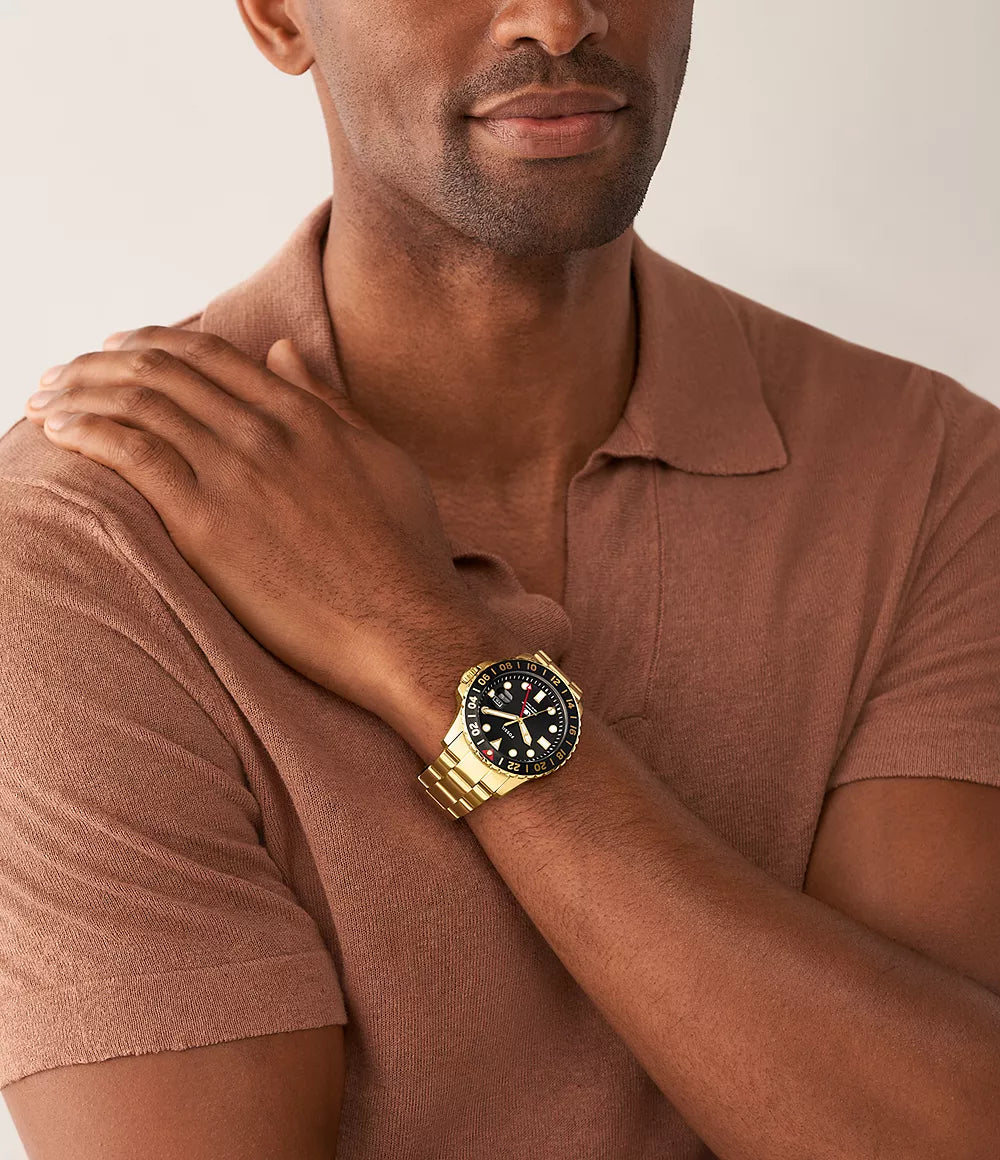 Fossil Blue Gmt Gold-Tone Stainless Steel Men&