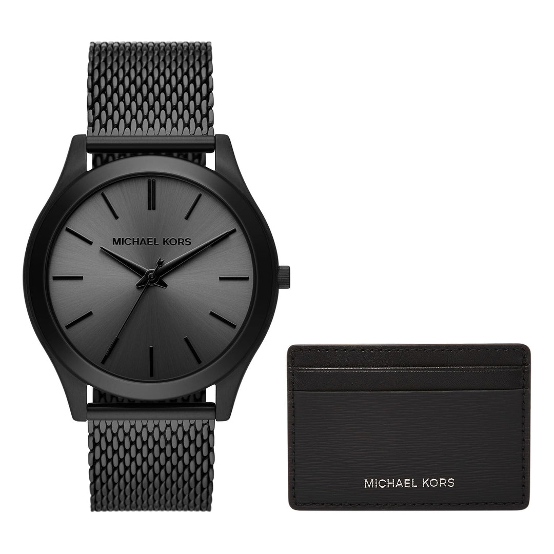 Michael Kors Runway Three-Hand Black Stainless Steel Mesh Watch And Wallet Gift Set