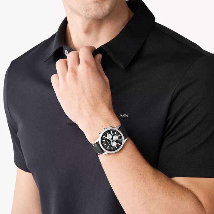 Michael Kors Hutton Chronograph Black Leather Men&