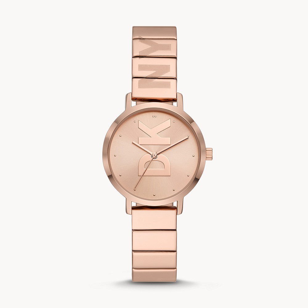 DKNY THE MODERNIST THREE-HAND ROSE GOLD-TONE STAINLESS STEEL WATCH