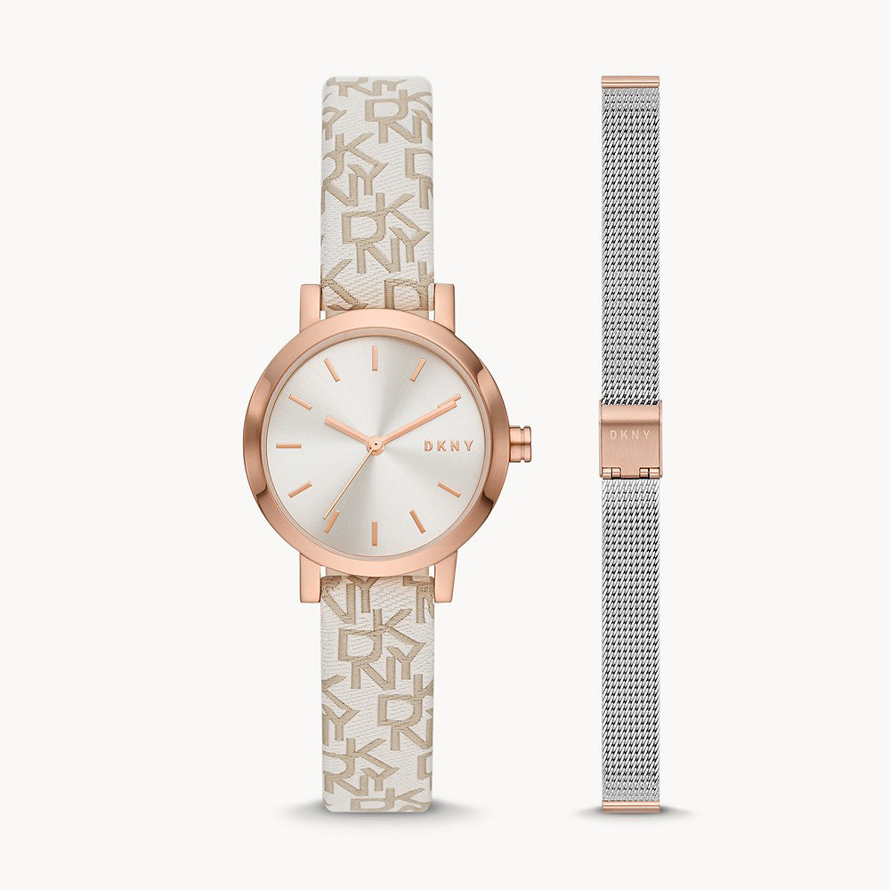 DKNY SOHO THREE-HAND STAINLESS STEEL WATCH AND STRAP SET
