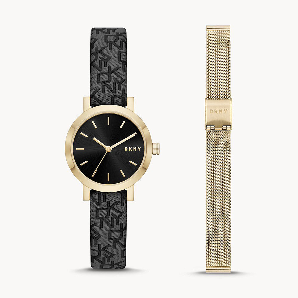 DKNY SOHO THREE-HAND BLACK FABRIC WATCH AND STRAP SET