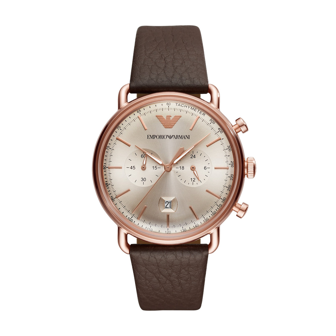 Emporio Armani Aviator Chronograph Brown Dial Rose Gold-Tone Leather Men&