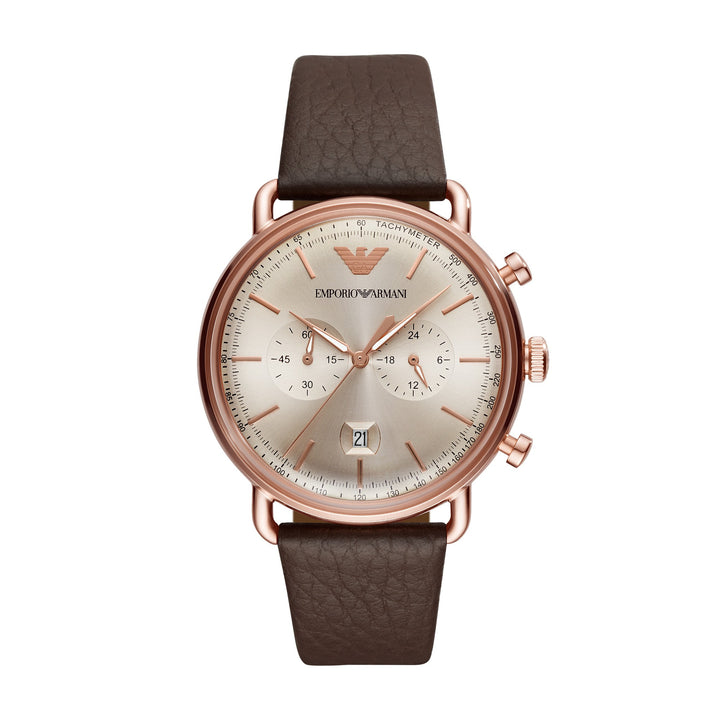 Emporio Armani Aviator Chronograph Brown Dial Rose Gold-Tone Leather Men&