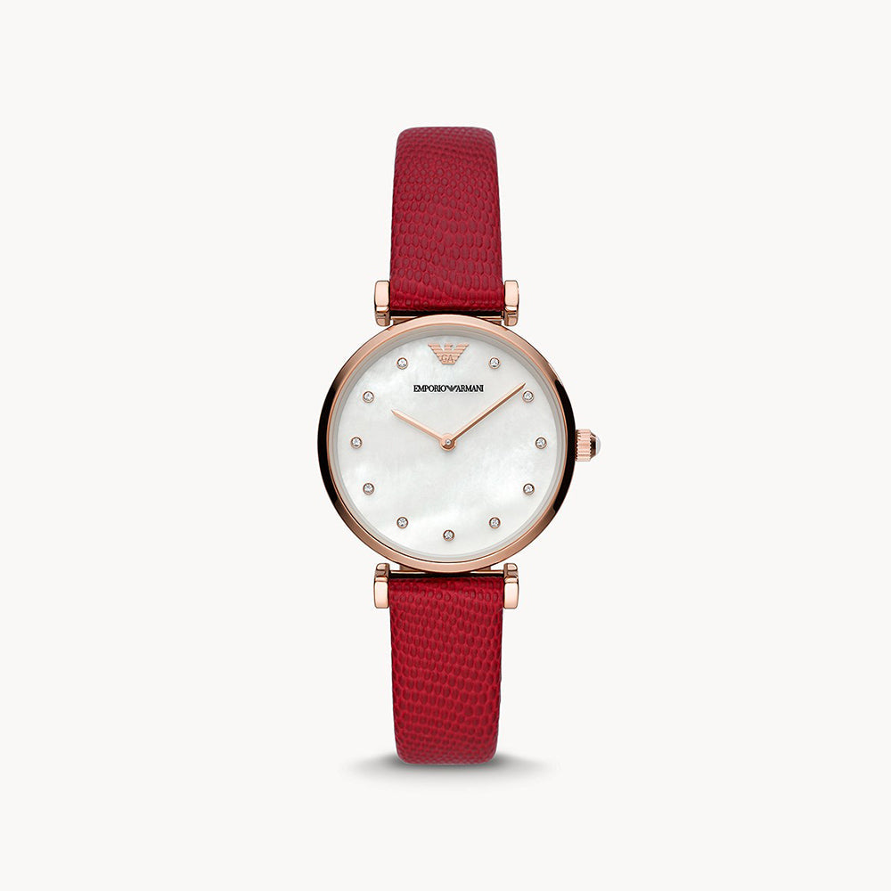 EMPORIO ARMANI TWO-HAND RED LEATHER WATCH