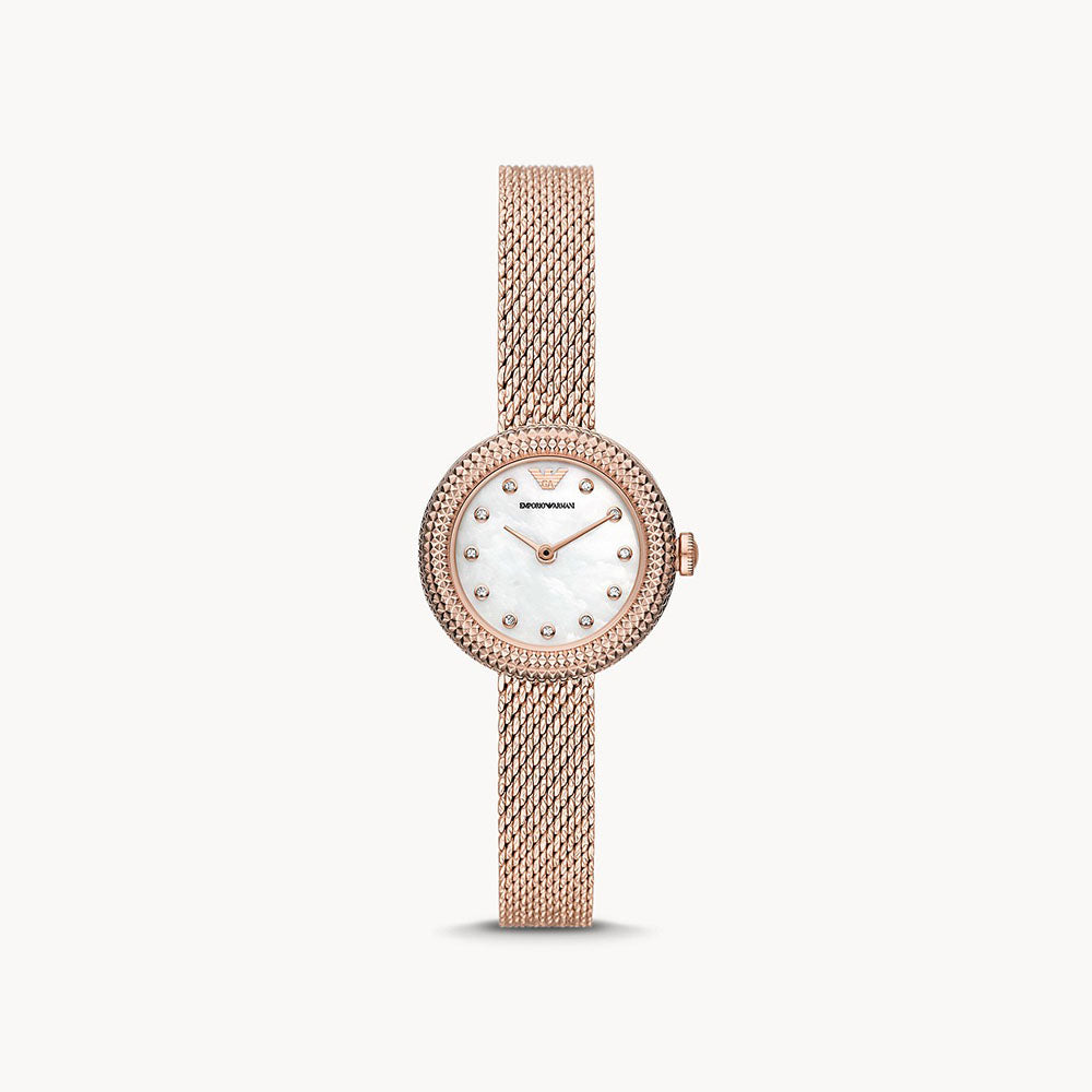 Emporio Armani Two-Hand Rose Gold-Tone Stainless Steel Mesh Watch