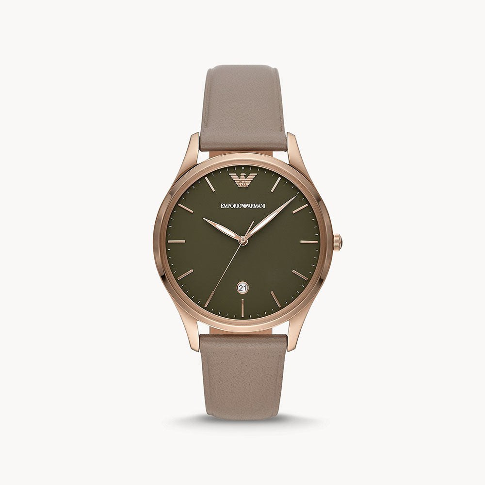 Emporio Armani Three-Hand Date Grey Leather Watch