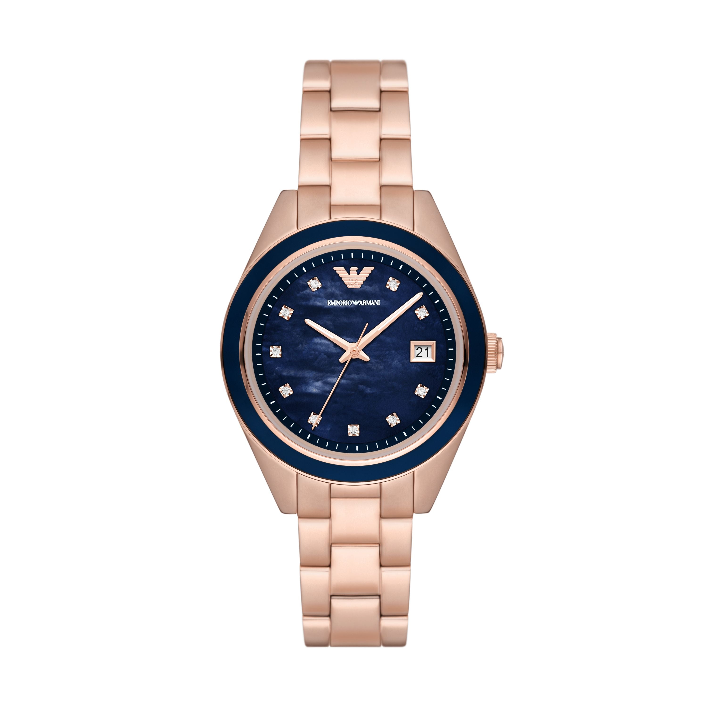 EMPORIO ARMANI THREE-HAND DATE ROSE GOLD-TONE STAINLESS STEEL WATCH ...