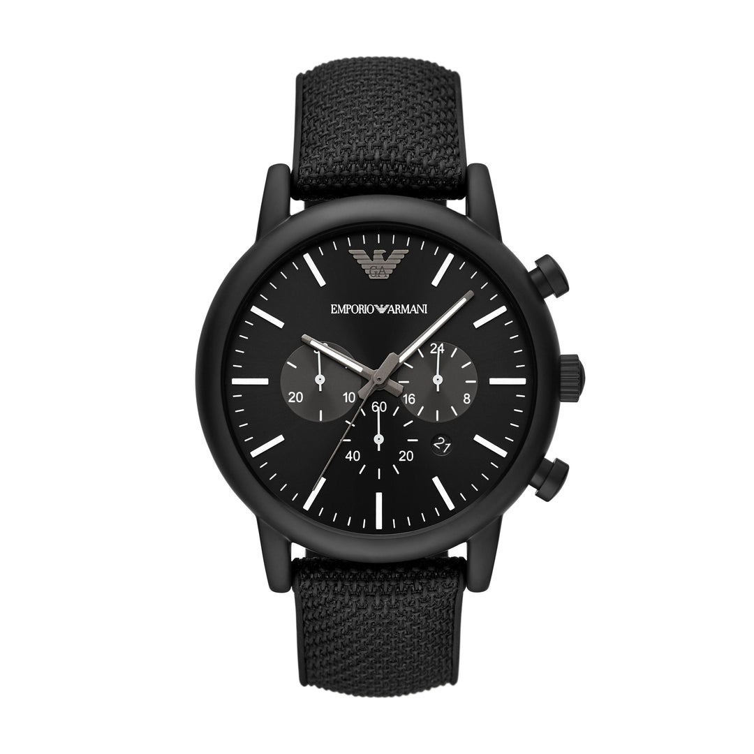 EMPORIO ARMANI CHRONOGRAPH BLACK SILICONE BACKED FABRIC WATCH