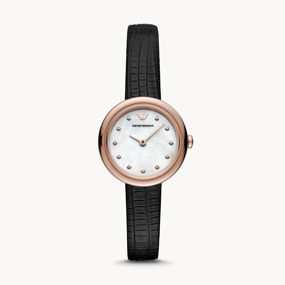 EMPORIO ARMANI TWO-HAND BLACK LEATHER WATCH