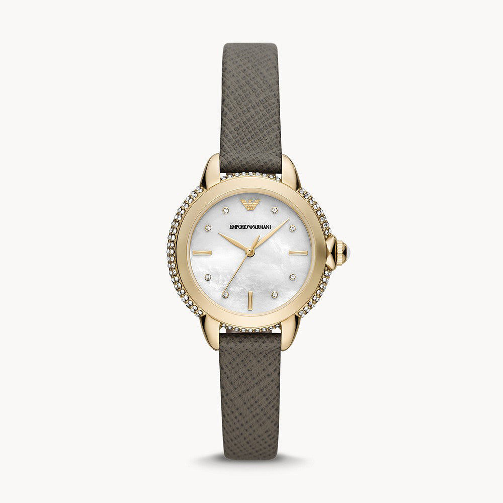 EMPORIO ARMANI THREE-HAND TAUPE LEATHER WATCH