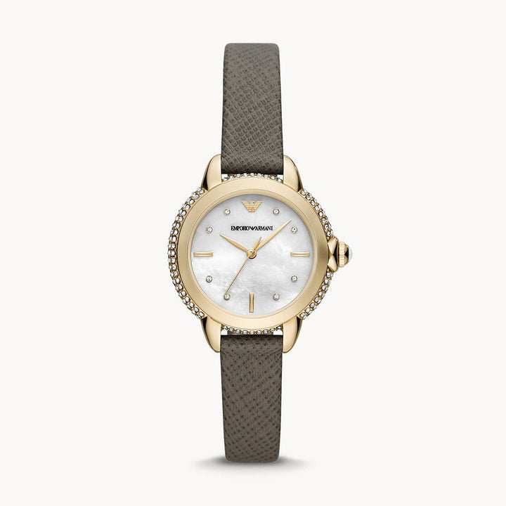 EMPORIO ARMANI THREE-HAND TAUPE LEATHER WATCH