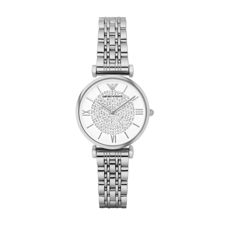 Emporio Armani Gianni T-Bar Crystal-Pave White Dial Silver Women&