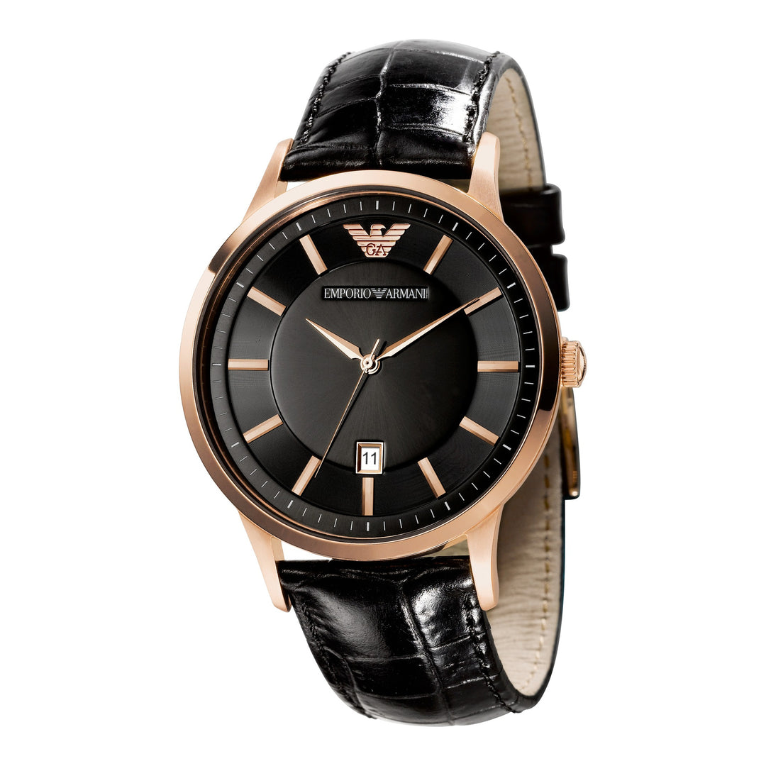 Emporio Armani Renato Black Dial Rose Gold-Tone Leather Men&