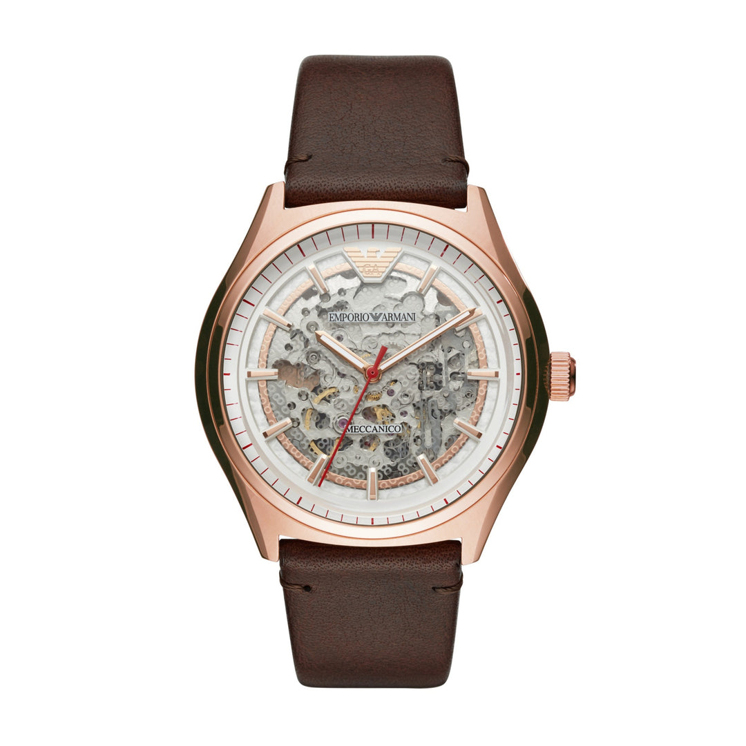 Emporio Armani Meccanico Skeleton Silver Dial Rose Gold-Tone Leather Men&