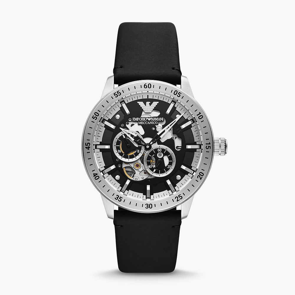 EMPORIO ARMANI AUTOMATIC BLACK LEATHER WATCH