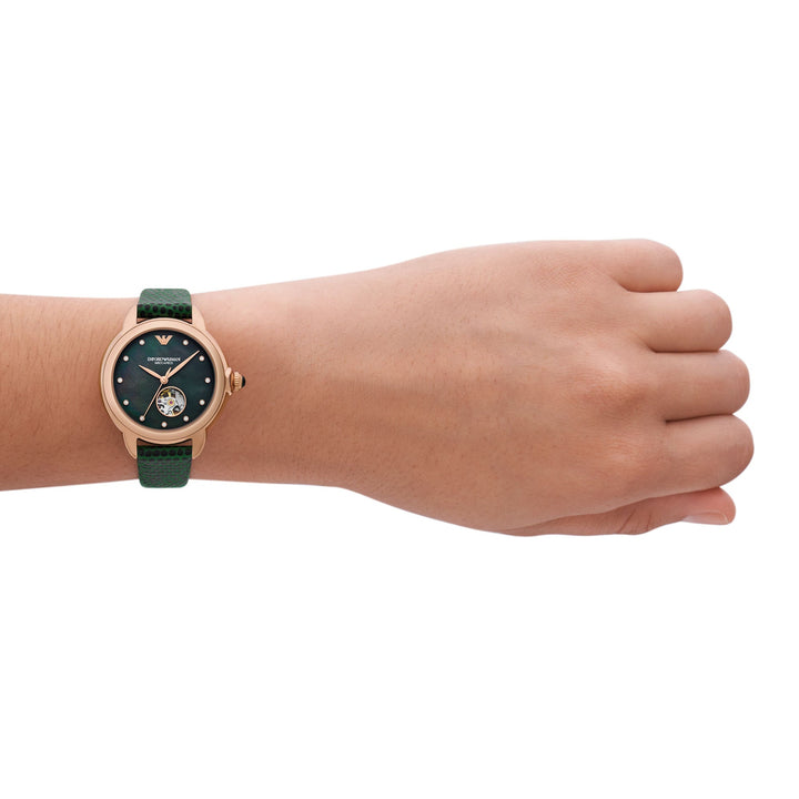 EMPORIO ARMANI AUTOMATIC GREEN LEATHER WATCH