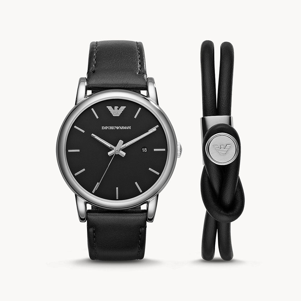 Emporio Armani Three-Hand Date Black Leather Watch And Bracelet Set
