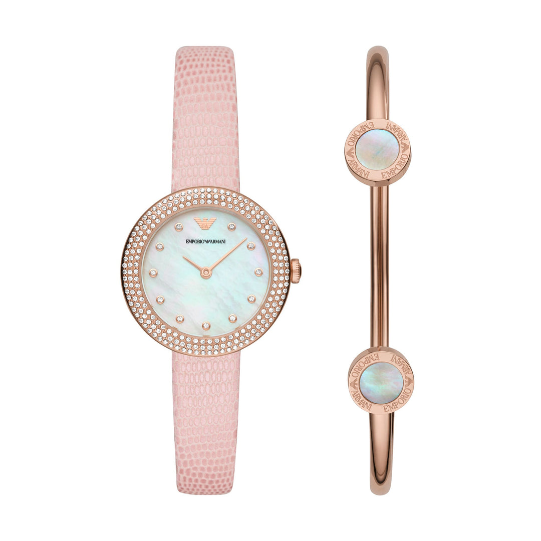 EMPORIO ARMANI TWO-HAND PINK LEATHER WATCH AND BRACELET SET