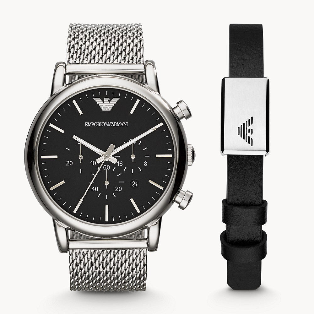 EMPORIO ARMANI CHRONOGRAPH STAINLESS STEEL MESH WATCH AND BRACELET SET