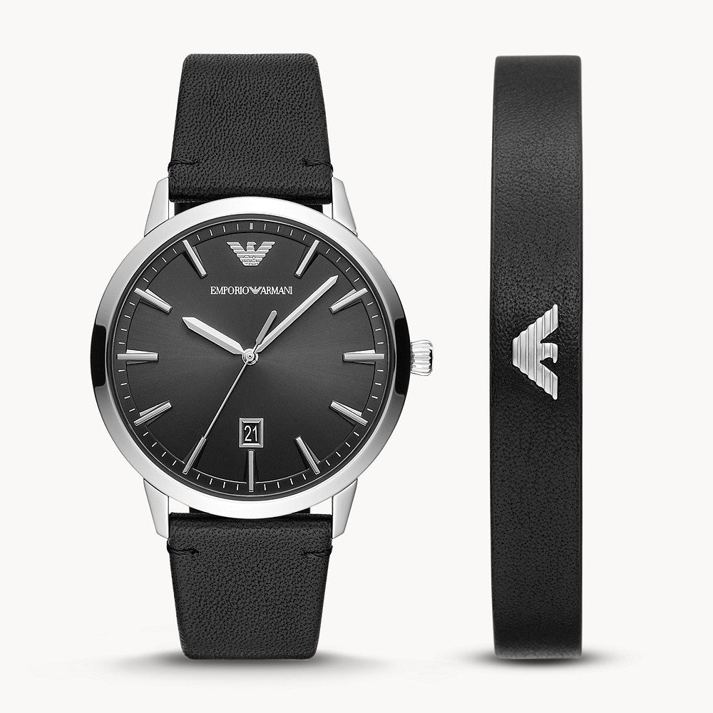 EMPORIO ARMANI THREE-HAND DATE BLACK LEATHER WATCH AND BRACELET SET