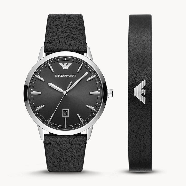EMPORIO ARMANI THREE-HAND DATE BLACK LEATHER WATCH AND BRACELET SET