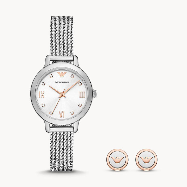EMPORIO ARMANI SET WITH THREE-HAND STAINLESS STEEL MESH WATCH AND EARINGS
