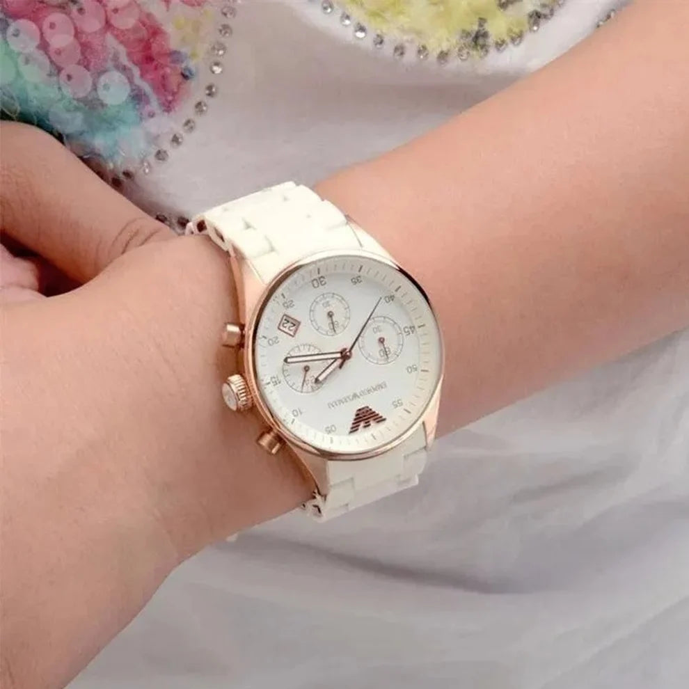Emporio Armani Tazio Chronograph White Dial Rose Gold-Tone Women&