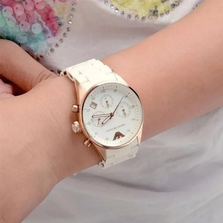 Emporio Armani Tazio Chronograph White Dial Rose Gold-Tone Women&
