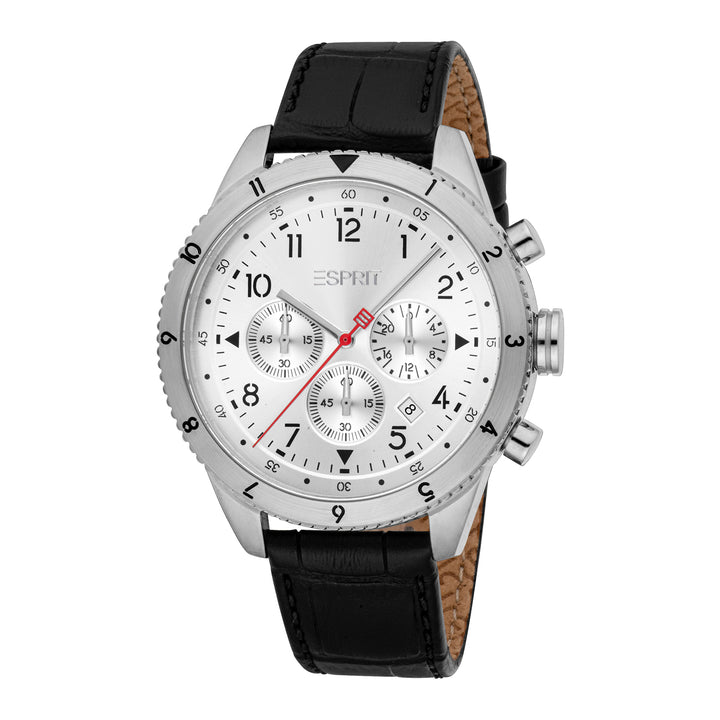 ESPRIT Men Watch, Silver Color Case, Silver Dial, Black Leather Strap, Chronograph, 10 ATM