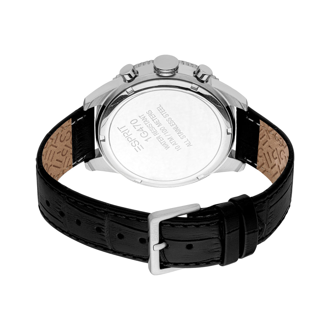 ESPRIT Men Watch, Silver Color Case, Silver Dial, Black Leather Strap, Chronograph, 10 ATM